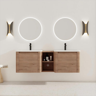 Meuble-lavabo mural avec lavabo en céramique blanche et tablettes de rangement et 1 porte à fermeture en douceur