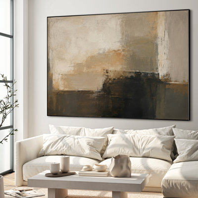 Très grand art mural imprimé sur tissu - Composition abstraite de blocs de couleurs horizontales minimalistes avec des couches de beige crème foncé, de bleu profond et de corail discret.