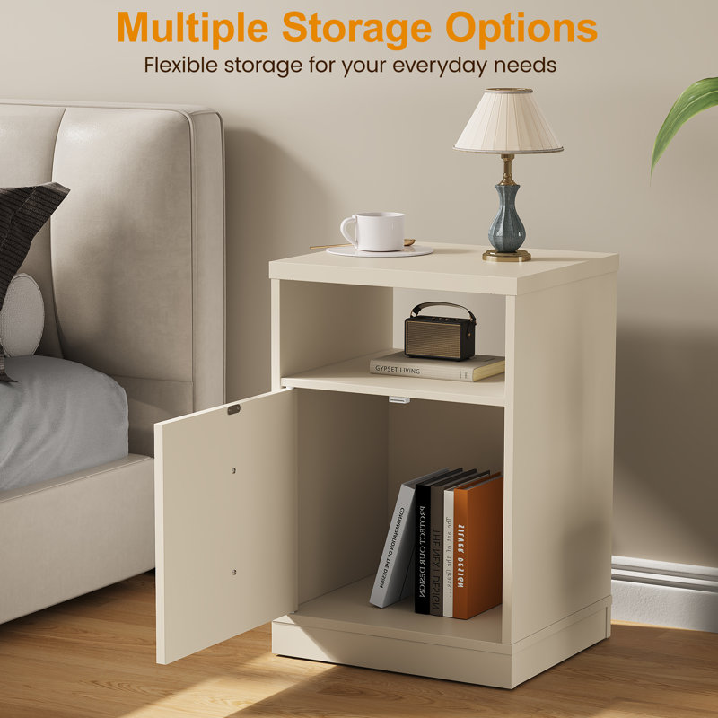 Modern Nightstand With Door & Open Shelf, Beige