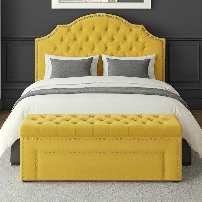 Duke Ottoman Storage Box - Chesterfield Upholstered Blanket Box - Plush Velvet Ottoman Bench with Storage, Mustard Gold