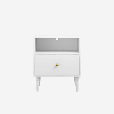 Modern White Nightstand with Drawer and Open Shelf for Compact Bedrooms, Living Rooms, and Small Spaces Featuring Smooth-Gliding Storage and Refined Wood-Leg Design.