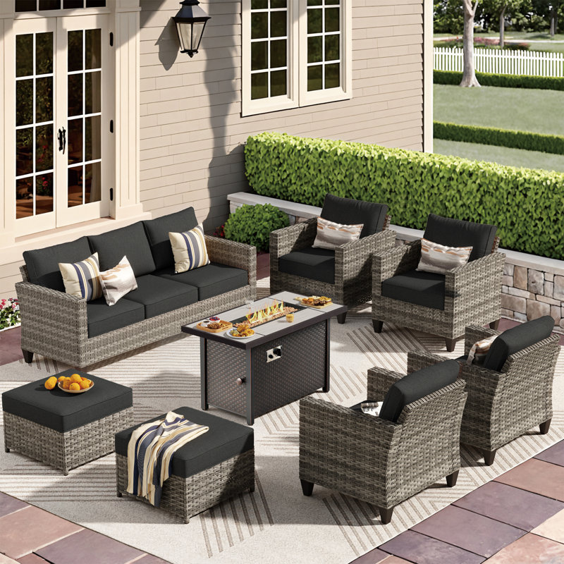 8 - Person Patio Furniture Set , Outdoor Wicker Rattan Seating Group With Cushions, All Weather Sofa Conversation Set With Fire Pit Table For Garden Backyard