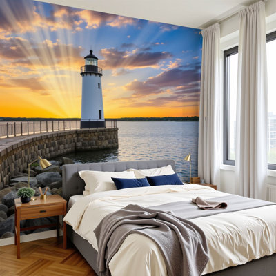 Papier peint auto-adhésif Coastal Lighthouse Sunrise Dramatic Sun Océan