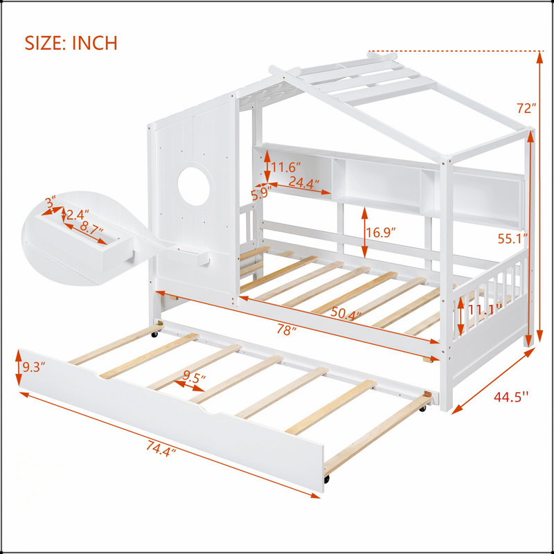 Lit simple en bois avec lit gigogne et tablette de rangement, conception moderne pour chambre d'enfant, blanc, Lit simple