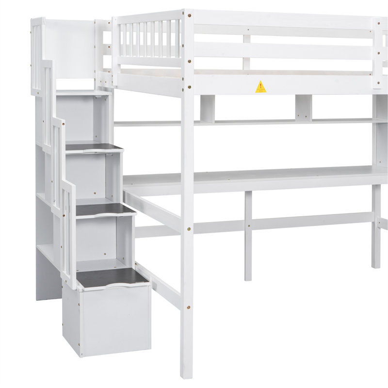 Lit mezzanine en bois massif pour enfants avec bureau intégré et tablettes, Blanc