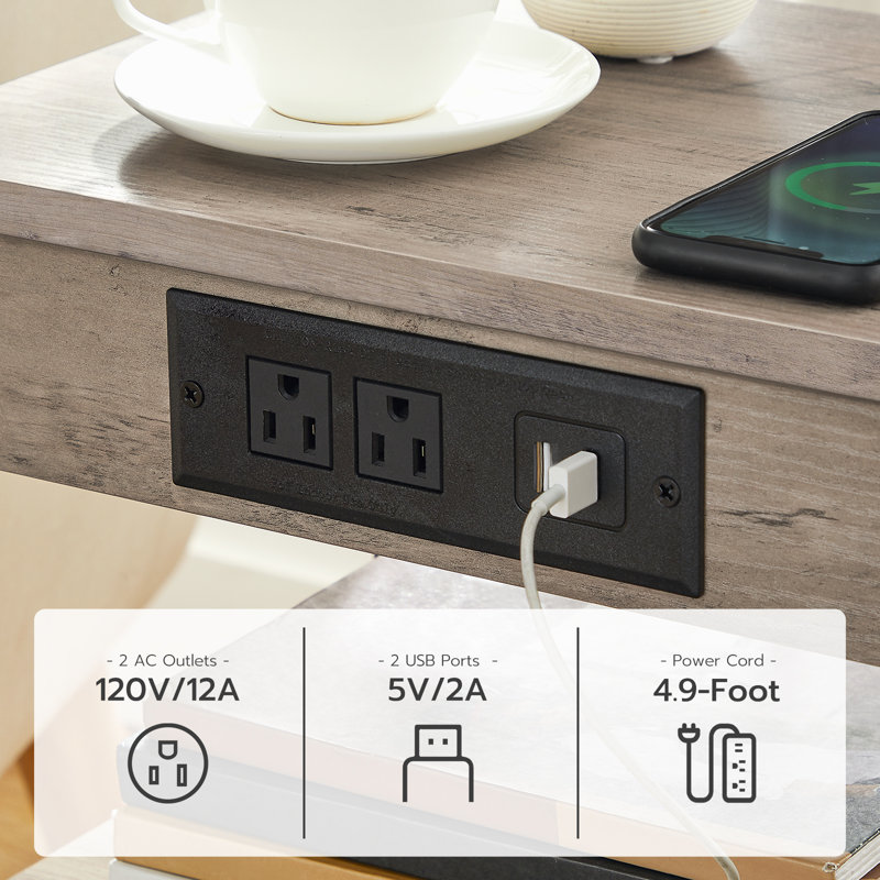 Romar 21.7'' Tall End Table with Built-In Outlets, Gray/Black