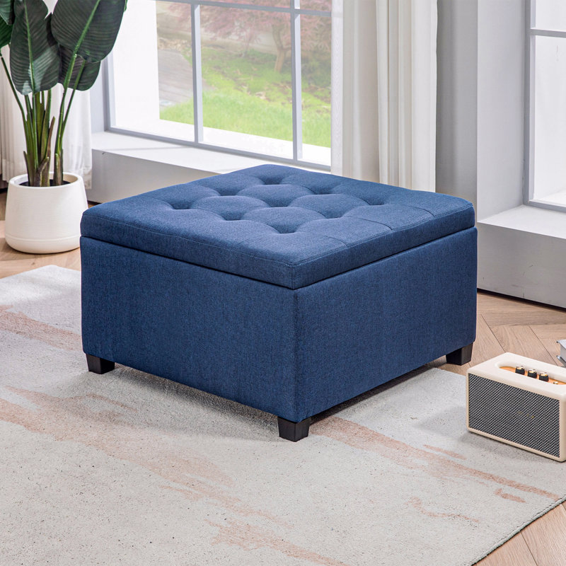 Fabric Upholstered Tufted Storage Ottoman, Flip Top Seat Lid With Metal Hinge And Eucalyptus Wood Frame, Blue