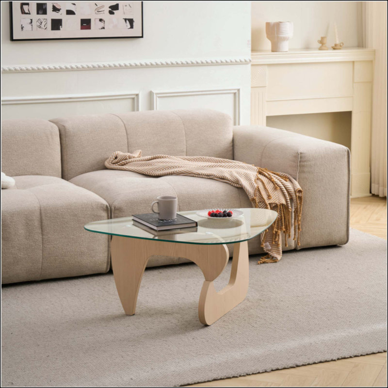 Mid-Century Modern Glass Coffee Table, Small Farmhouse Wood Center Table for Living Room, Clear, Natural