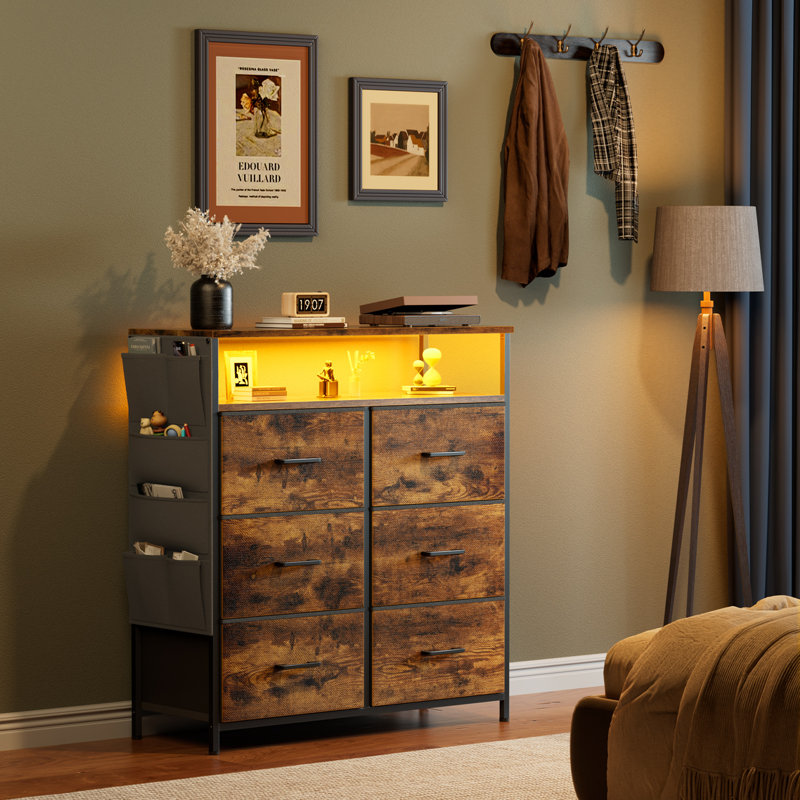 Dresser For Bedroom With 6 Drawers, Fabric Chest Of Drawers With Open Shelves & Side Storage Bags, Dresser TV Stand With LED Lights For Living Room, Closet, Entryway, Rustic Brown