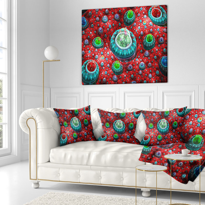 Planète exotique Fractal - coussin imprimé abstrait, 18 po x 18 po, Rouge, Coussin décoratif