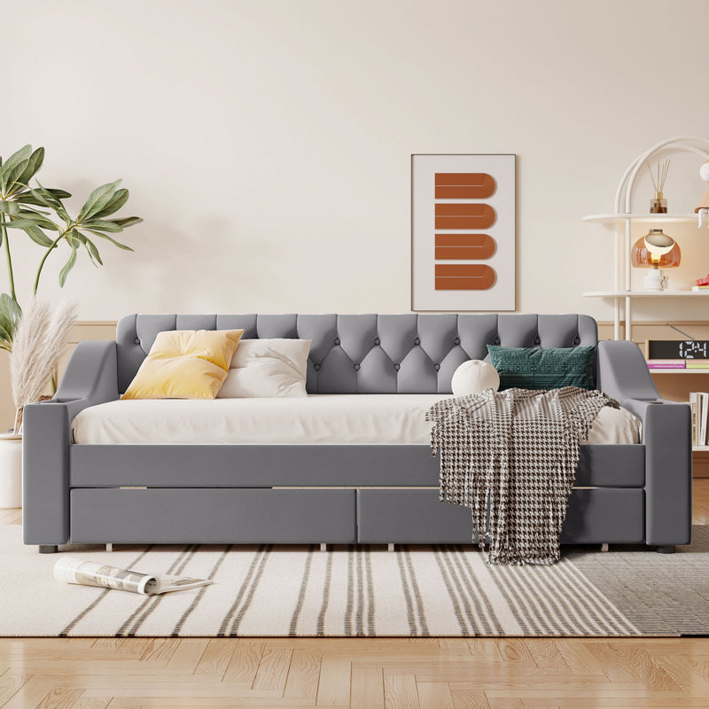 Lit de jour rembourré avec accoudoirs de rangement et port USB, Gris