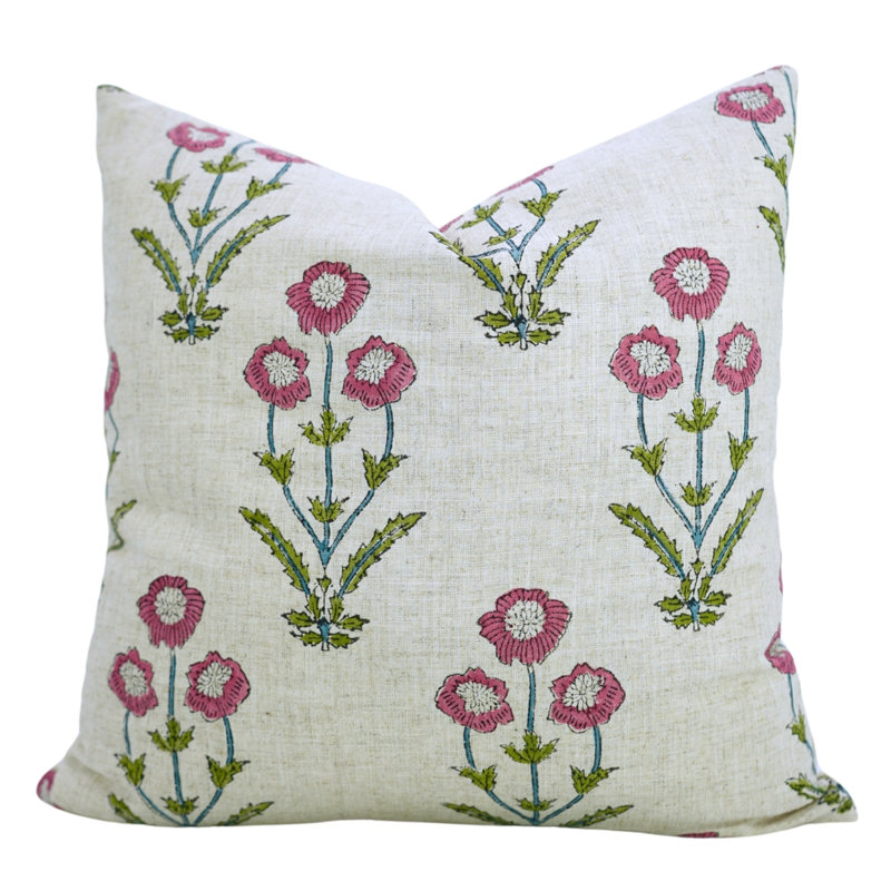 Fabdivine Artisan Block Print Linen Throw Pillow Cover for Home Décor, Amitabh,, Square 14", Pink