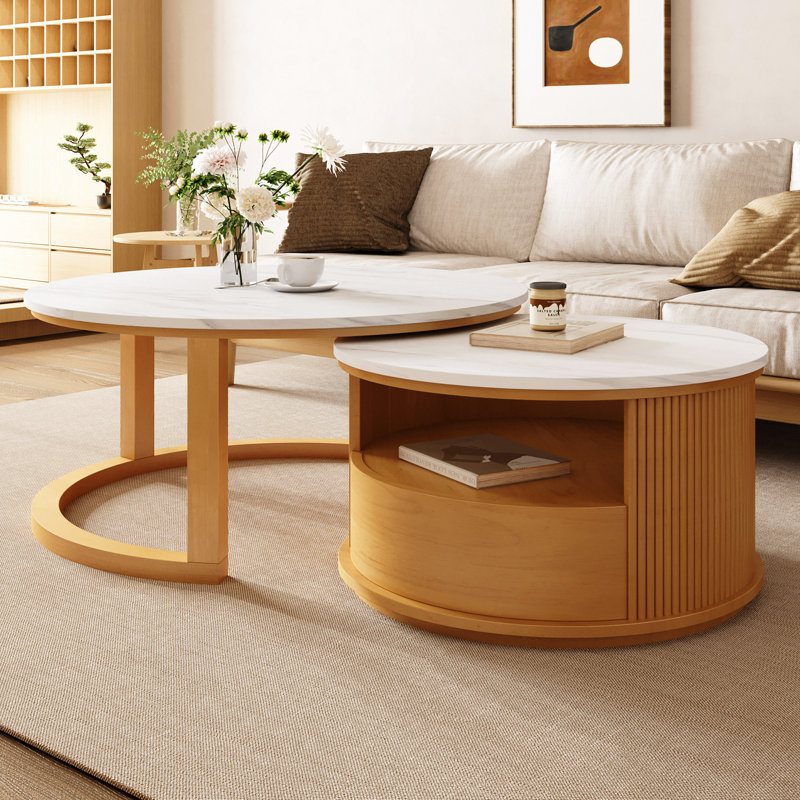 Table basse gigogne ronde avec plateau en marbre, rangement à 2 niveaux et 1 tiroir, 28,5 po
