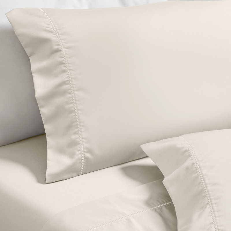 Imperia Cotton Blend 600 Thread Count Dash Stitch Embroidered Hem Pillowcase Set of 2, Ivory