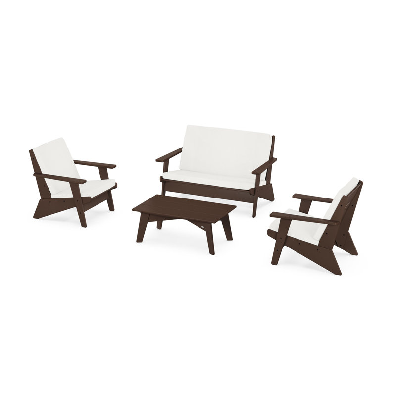 Riviera Modern Lounge 4-Piece Set, Natural Linen, Mahogany