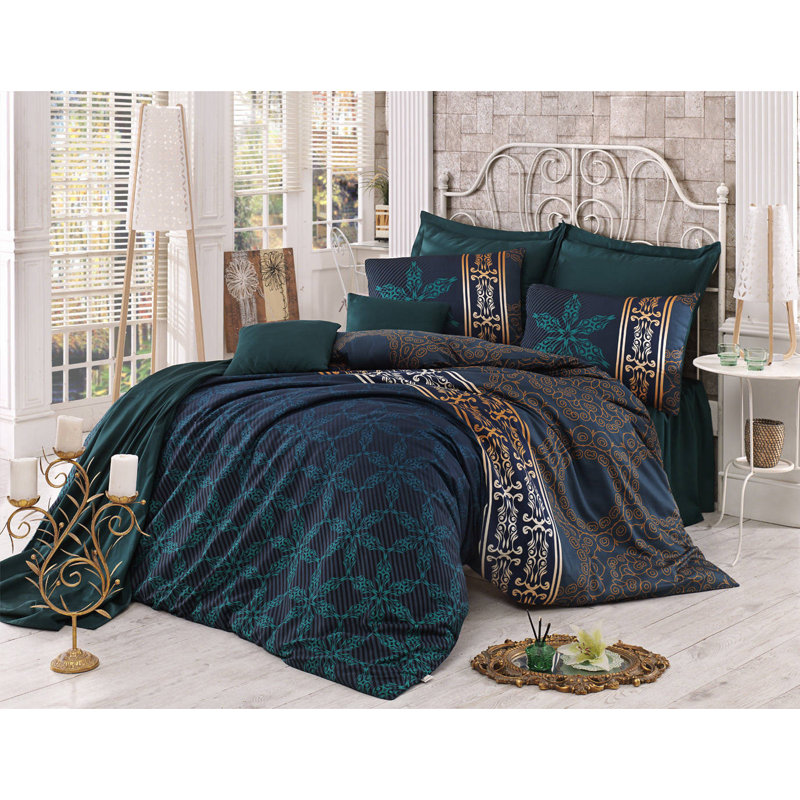 Ensemble de housse de courtepointe Elegant Satin King, 100% coton satiné, vert foncé et brun moutarde, 102,4 po x 86,6 po | 210 fils au pouce carré | Lavable à la machine, housse de couette et enveloppe à boutons (2) | Surclassement luxueux