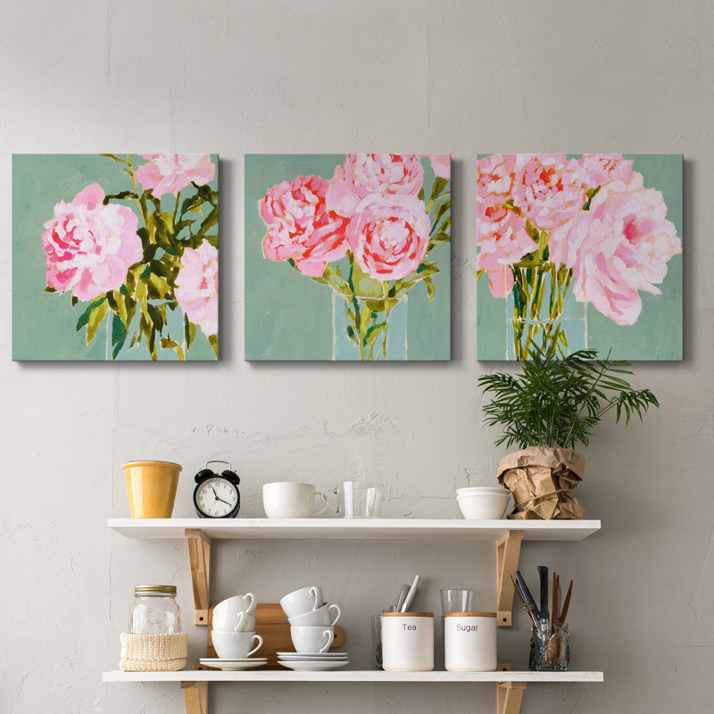 Poppings Pivoines IV - Ensemble de 3 toiles tendues, H 24 po x l 72 po x P 1 po