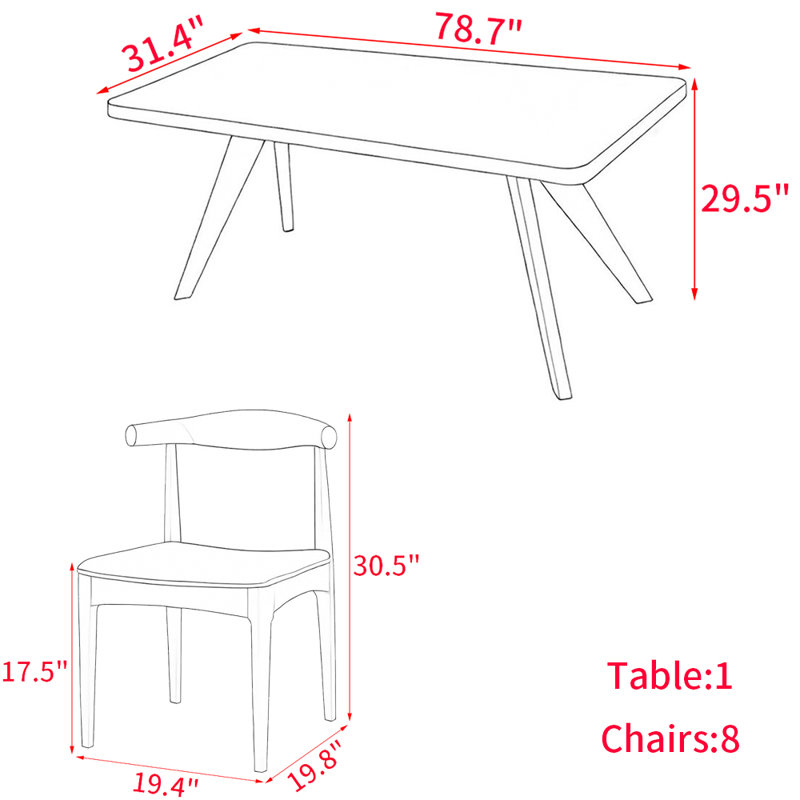 European style solid wood dining table set., 29.5"H x 31.4"L x 78.7"W