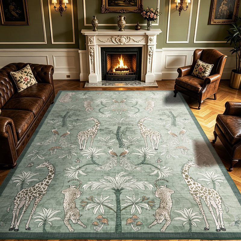 Tapis lavable à motif botanique tropical, Green, Rectangle 5 pi x 7 pi