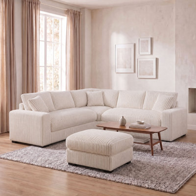98.7" Corduroy Sectional Corner Sofa 6 Seater Deep Seat Cloud Couch With Upholstered Movable Ottoman