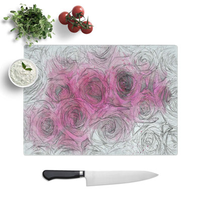 Tempered Glass Wall of Bright Pink Roses in Abstract Chopping Board