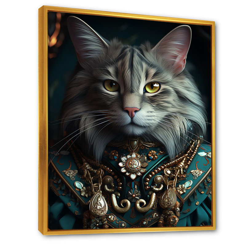 Portrait de chat majestueux, tenue royale glam rétro, Cadre flottant doré, H 32 po x l 16 po x P 1 po