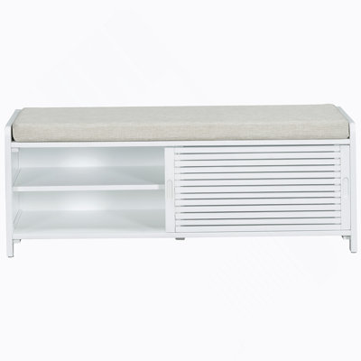 Distressed Shutter Storage Bench With Acacia Veneer For Retro Charm For Living Room, Entryway (White)