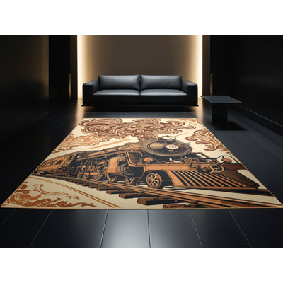 Tapis moelleux moelleux et rétro à motif de locomotive à vapeur de style rétro avec locomotive noire - Reliure brun clair