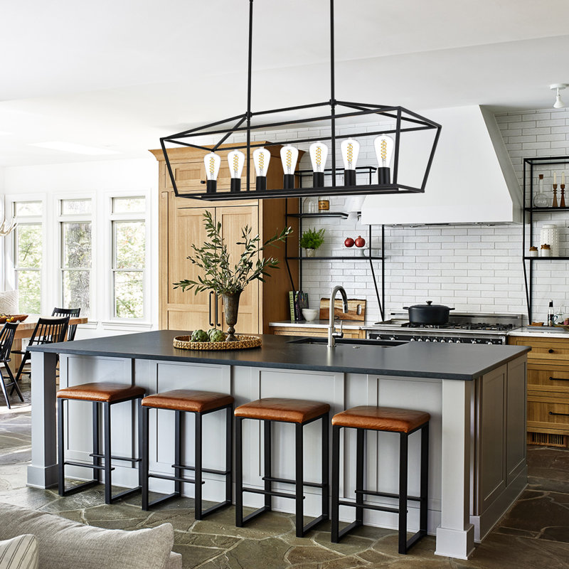 Luminaire suspendu 7 lumières pour îlot de cuisine avec lanterne linéaire dorée pour E26., Noir