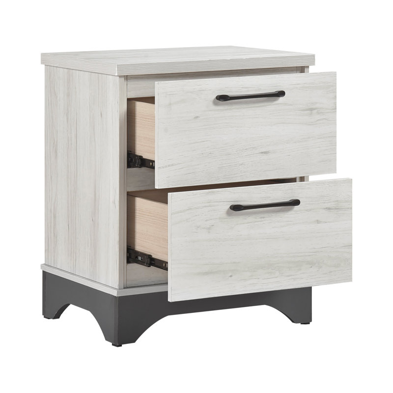 Armoire de chevet contemporaine avec 2 tiroirs au fini chêne blanc et gris, système de glissières à roulement facile, poignées de bar noires, table de chevet moderne à 2 tons avec glissières fluides et ton sur ton