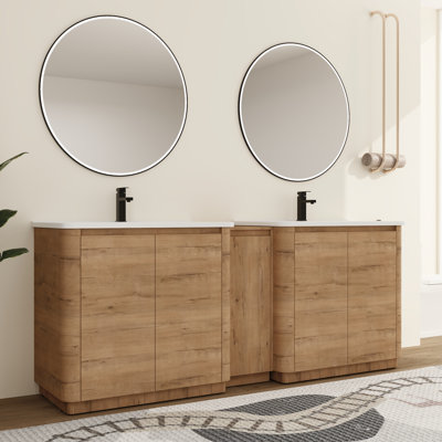Ensemble de meuble-lavabo double 84 po avec plateau en céramique Ornar, meuble-lavabo double autoportant avec lavabo en céramique
