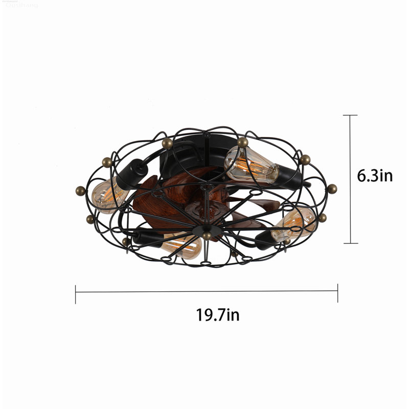 Ventilateur de plafond rustique industriel en cage avec lumières réversible à télécommande 6 vitesses noir mat, Matte Black