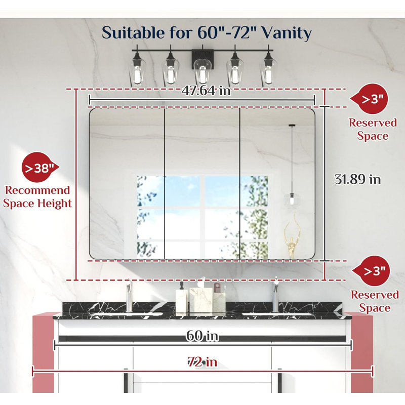 Large Recessed Bathroom Medicine Cabinet With Adjustable Shelves, Stainless Steel Frame, Heavy Duty Construction, Oversized Mirror For Storage