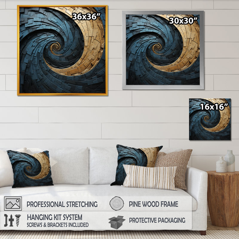 Gold Teal Minimalisme - Spirales abstraites, H 36 po x l 36 po x P 1,5 po, Cadre doré simple