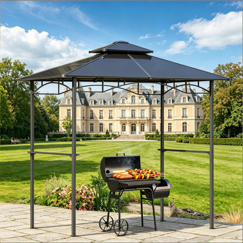 Pavillon de jardin brun pour barbecue avec toit rigide en PC à double couche, auvent extérieur avec tablettes latérales pour la cuisson sur le patio, 7,9 pi x 4,9 pi