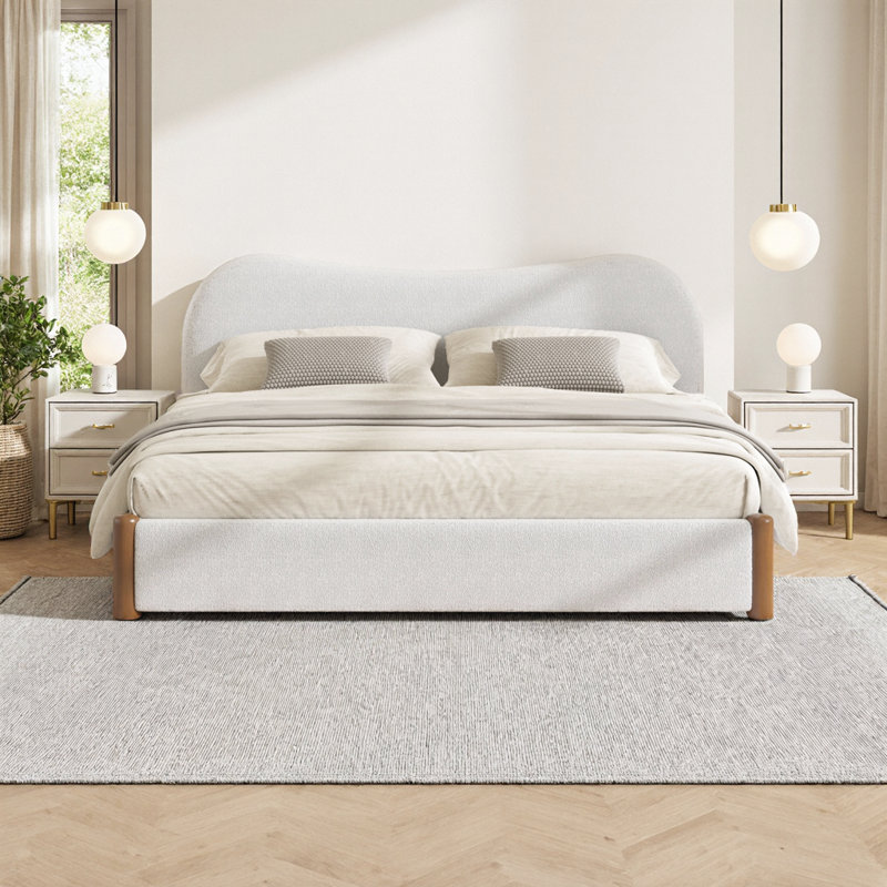 Très grand lit plateforme très grand avec pieds en bois et tête de lit, White, Très grand lit