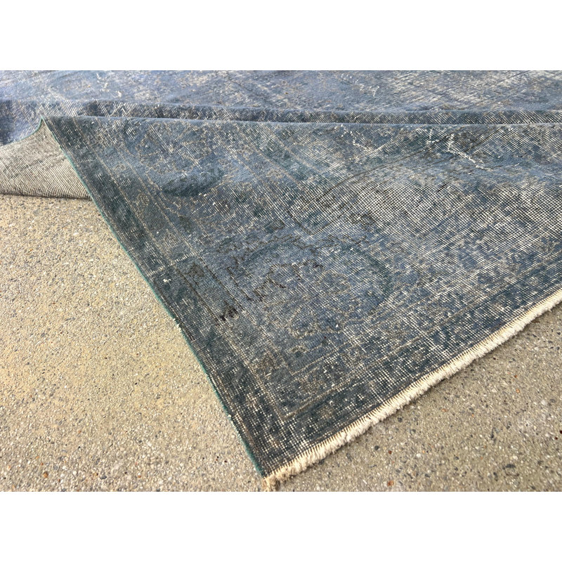 Tapis turc contemporain patiné abstrait 9,8 x 13 pi. Sur-teint en bleu clair