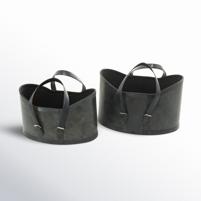 Leather Handmade Decorative and Functional Storage Basket with Handles, Dark Grey