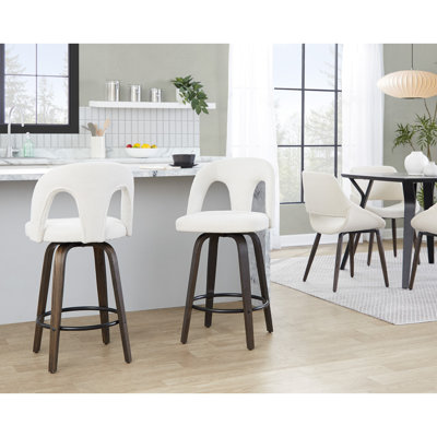 Fixed-Height Counter Stool with Swivel in Walnut Glazed Wood and Snow White Fabric with Rounded Black Metal Footrest - Set of 2