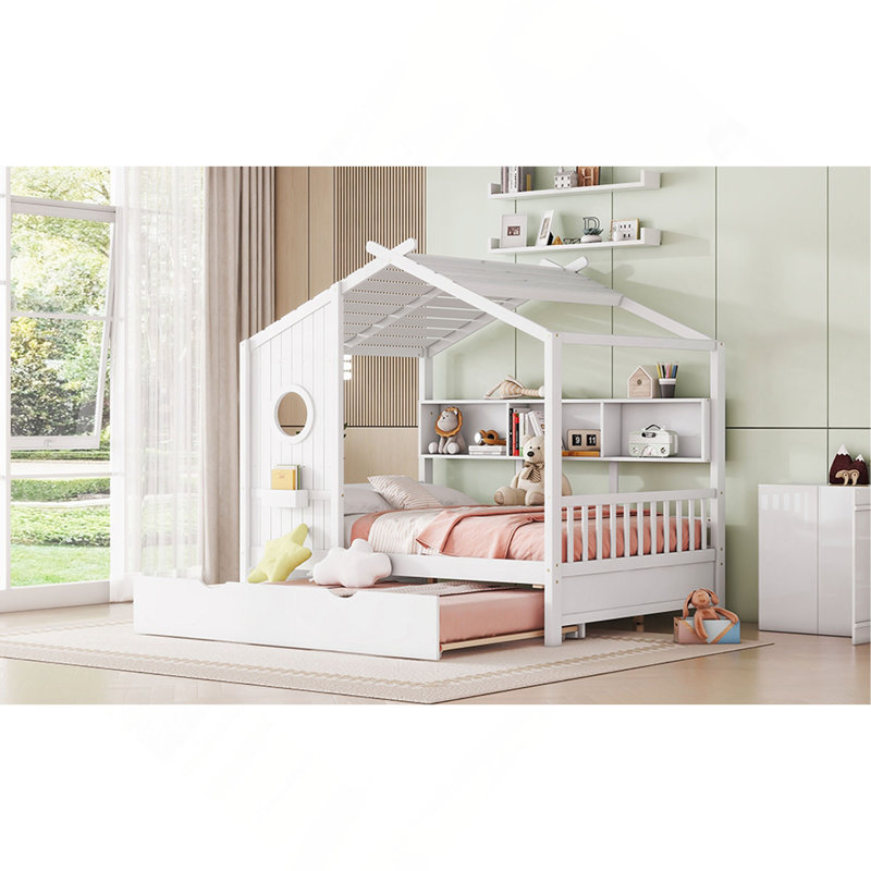 Lit de maison en bois avec lit gigogne, conception moderne pour enfants avec tablette de rangement, Lit double, Blanc