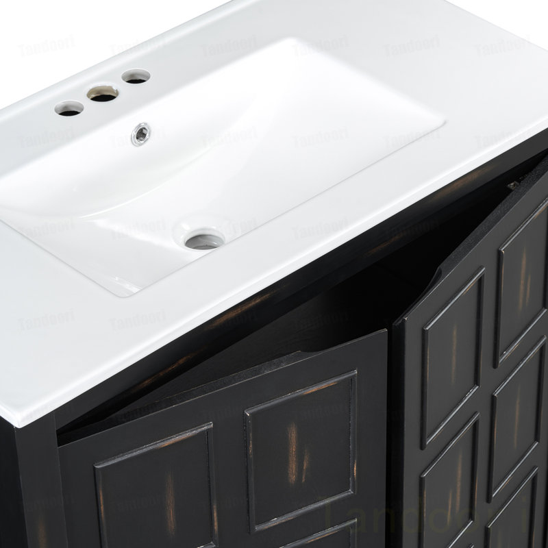 Ensemble de meuble-lavabo de salle de bain avec lavabos doubles (séparés), lavabos doubles en céramique, portes à fermeture douce et tablette réglable - Armoire de rangement rétro pour une organisation élégante de la salle de bain