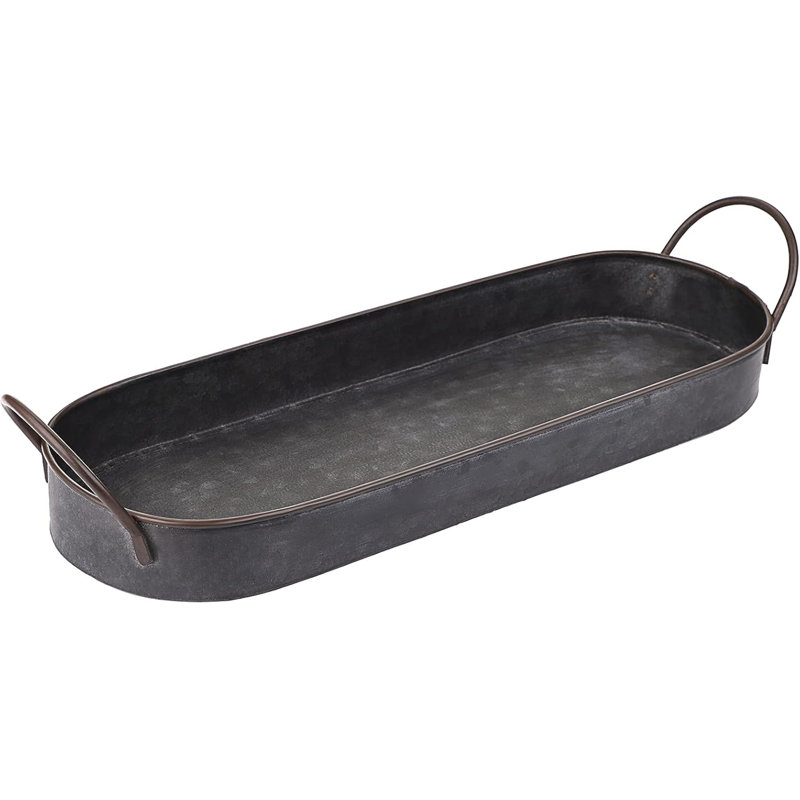 15.3"×4.9" Industrial Galvanized Metal Serving Tray – Distressed Rust-Trim Organizer with Sturdy Handles