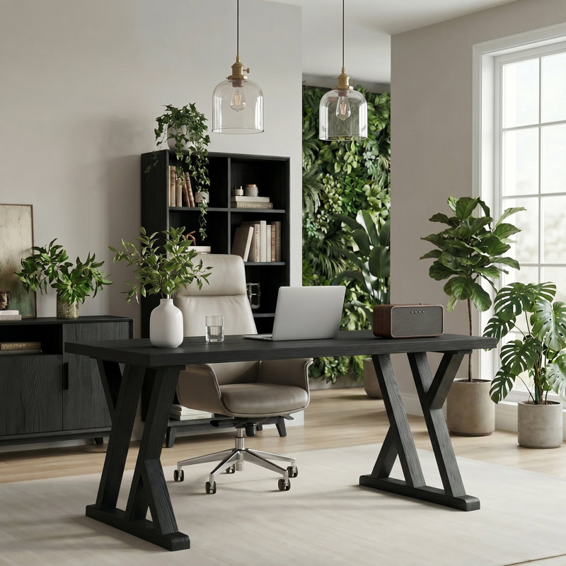Bureau de direction 63 po en bois massif, grand bureau à domicile en bois Farmhouse, Black