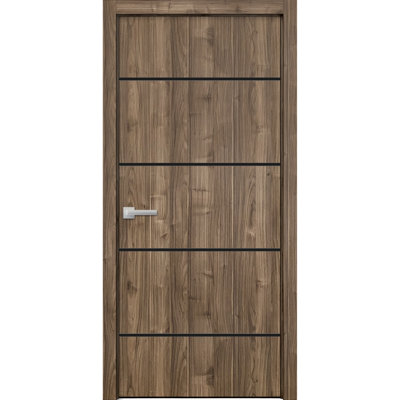 Porte intérieure moderne en bois avec quincaillerie Planum 0015, panneau unique en noyer, cadre et moulures, portes robustes pour salle de bain et chambre à coucher - 71 cm x 203 cm