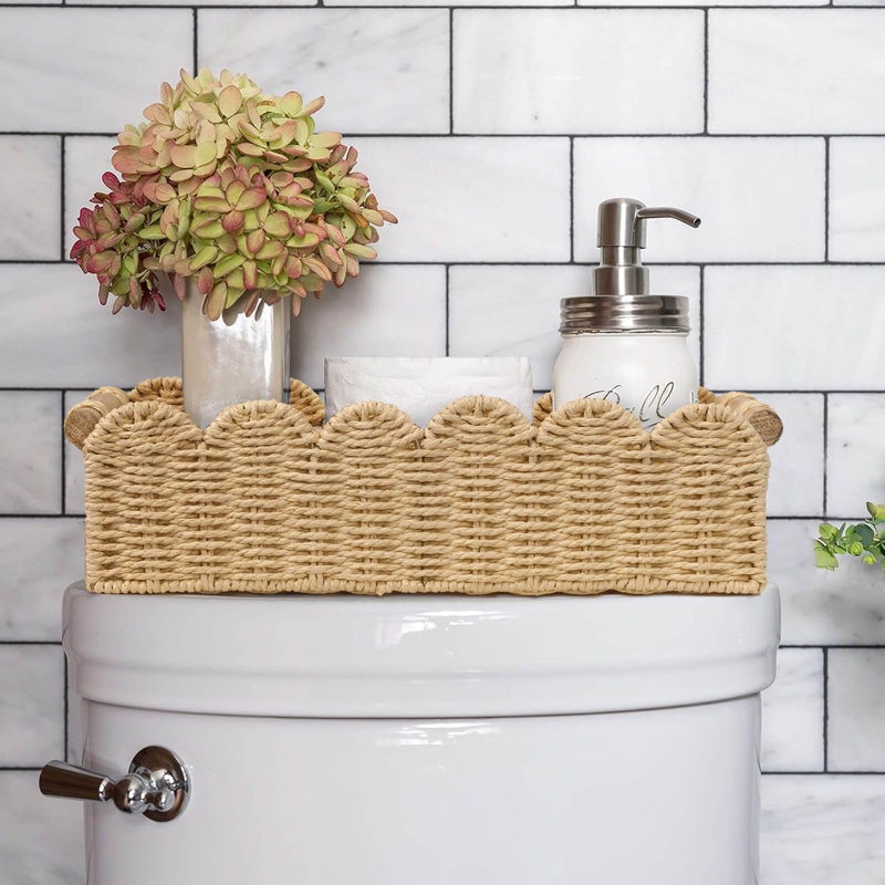 Scalloped Paper Rope Storage Basket, Decorative Shelf Basket With Wooden Handles, Natural