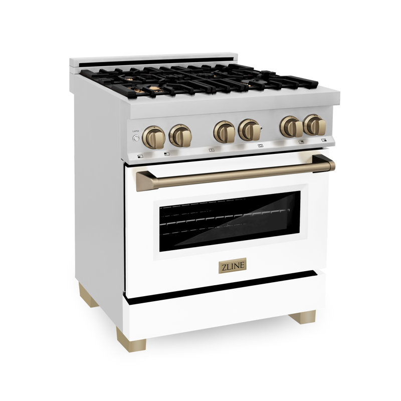 ZLINE Autograph Edition 30 po Legacy Dual Range avec cuisinière à gaz 4 brûleurs et four à convection électrique en acier inoxydable avec porte et accents blanc mat