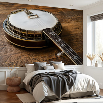 Papier peint auto-adhésif à cinq cordes de banjo en fibres de bois vieilli banjo en papier patiné auto-adhésif amovible pour salle de séjour H 69 po x l 96 po