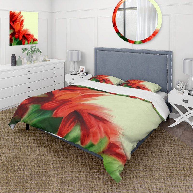 Floral rouge sur vert - ensemble de housse de couette traditionnel - microfibre de polyester