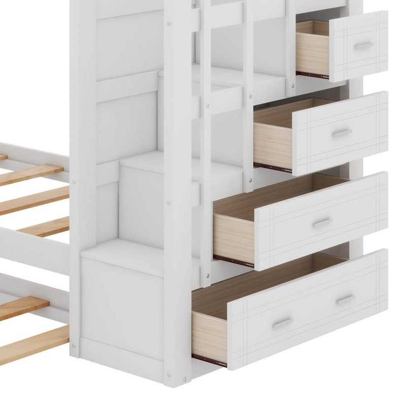 Janneli Kids Twin Over Twin Bunk Bed with Trundle with Drawers, White
