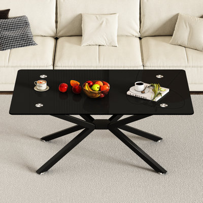 38.62" Black Glass Coffee Table With Metal Legs, Contemporary Look For Store, Stable, Easier To Clean Rectangle 38.62", Legs Guest Room Decor, Versatile, Simple Assembly